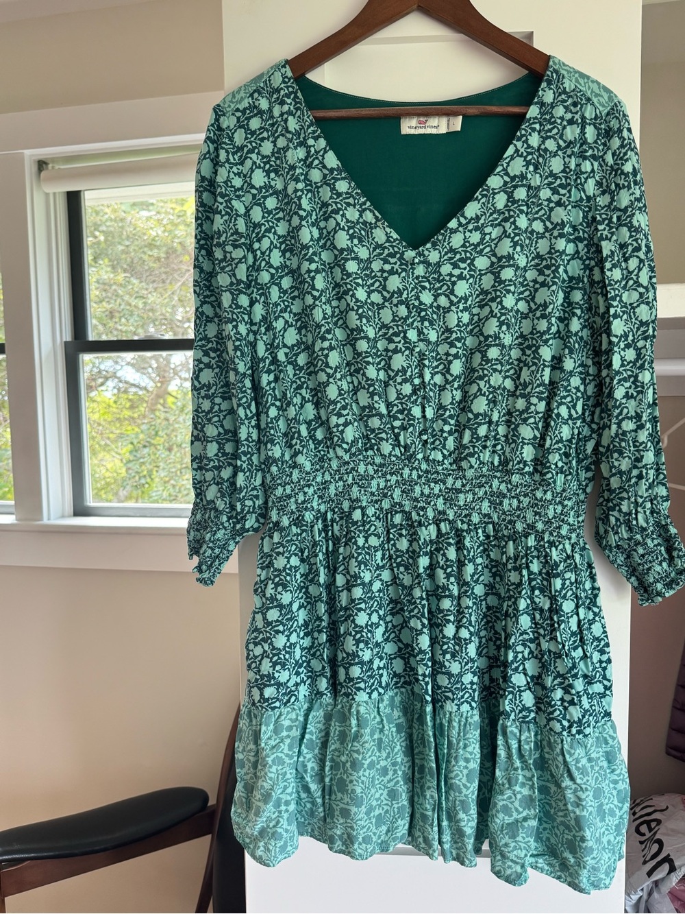 Vineyard Vines Teal Floral Smocked Waist Mini Dress